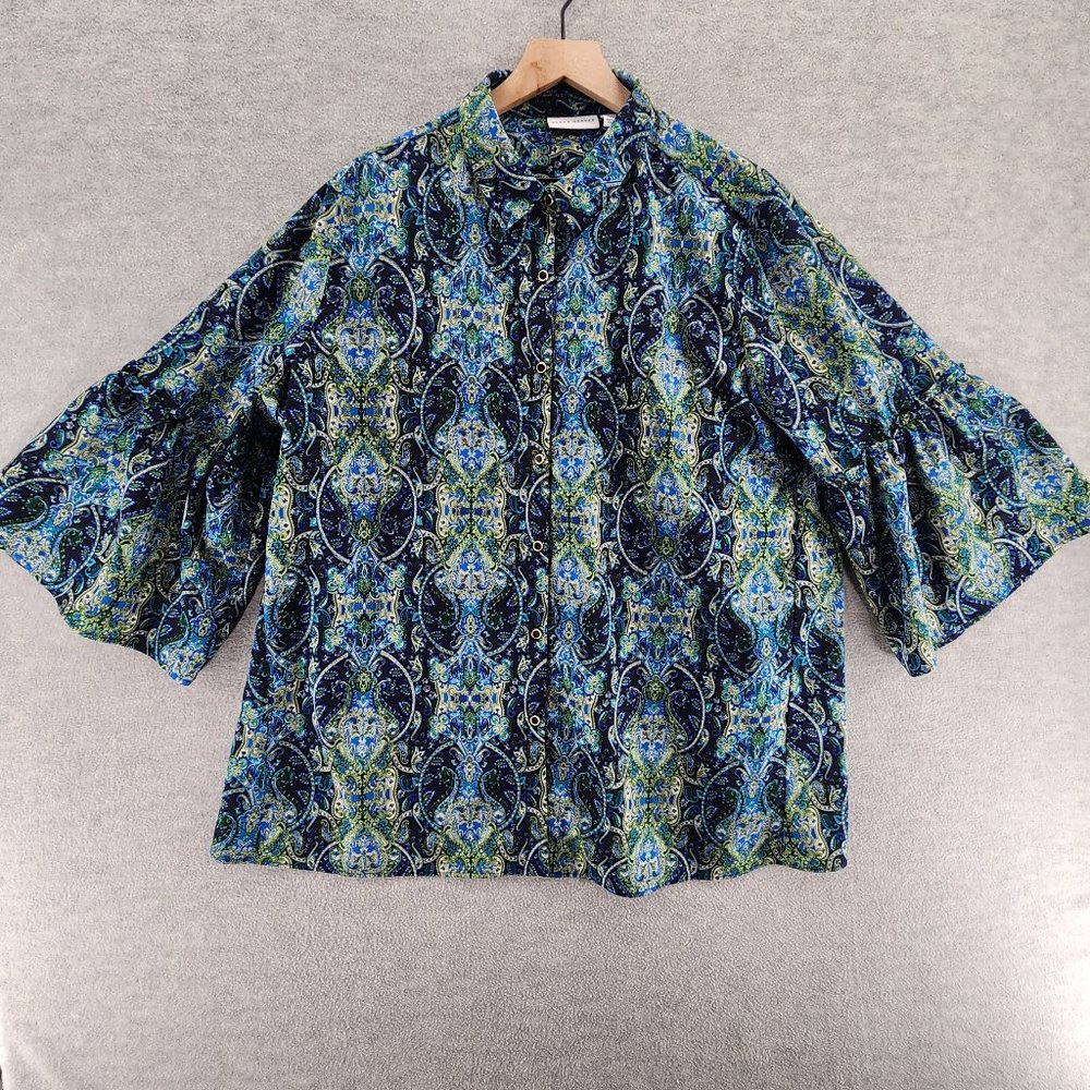 Susan Graver Top Womens Size XL Green Blue Paisley Smock Tunic Flared Sleeve 3/4